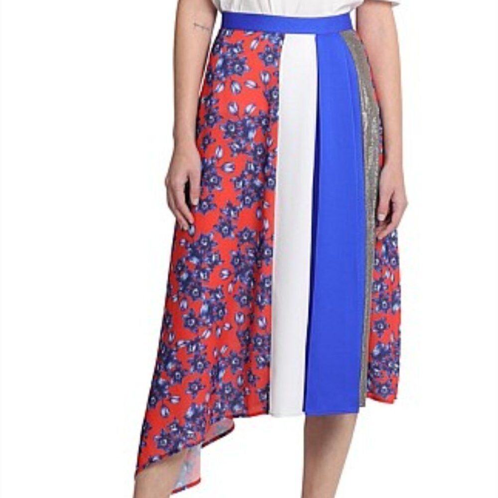 Vestire Skirt Womens Midi A-Line Asymmetrical Hem Size XS Red -White- Blue 27" W